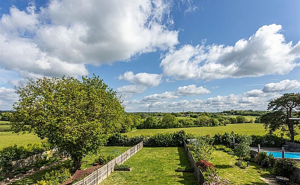 Room: Garden Back | This photo shows an outdoor garden area with lush grass, trees, and a clear sky.