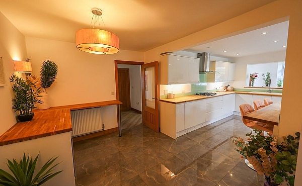 Room: kitchen | A well-maintained indoor room featuring cabinetry, a sink, a potted plant, and decorative elements on the countertop. | Accessibility: Photograph showing an indoor room with light-colored cabinetry, a white sink, a small potted houseplant on the countertop, and decorative items, illuminated by ceiling lighting with a neutral-toned floor and wall surfaces.