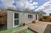Room: garden | A backyard view showing a window, potted plant, and outdoor space with trees and shed.