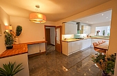 Room: kitchen | A well-maintained indoor room featuring cabinetry, a sink, a potted plant, and decorative elements on the countertop. | Accessibility: Photograph showing an indoor room with light-colored cabinetry, a white sink, a small potted houseplant on the countertop, and decorative items, illuminated by ceiling lighting with a neutral-toned floor and wall surfaces.